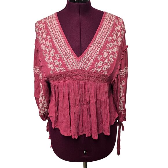 Women's American Eagle Pink V-Neck Boho Swiss Dot 3/4 Sleeve Blouse | Size XS - Picture 1 of 9